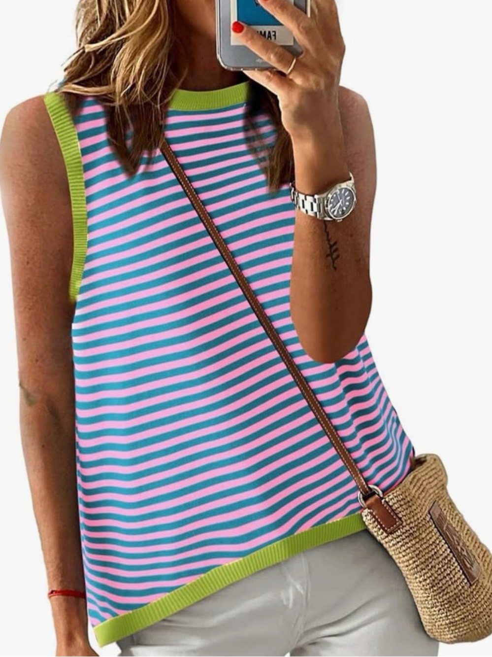 Striped Sleeveless Knit Tank with Lime Trim - NOBO